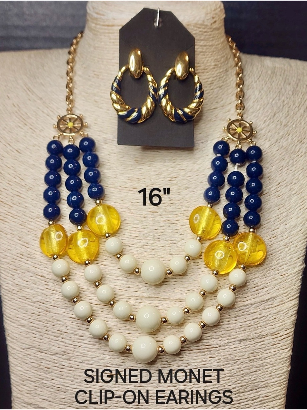 76. Blue, Yellow & Cream Multi-Strand Beaded Necklace with Clip-On Earrings